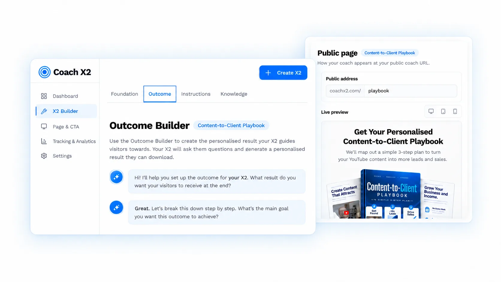 Coach X2 Outcome Builder with live preview