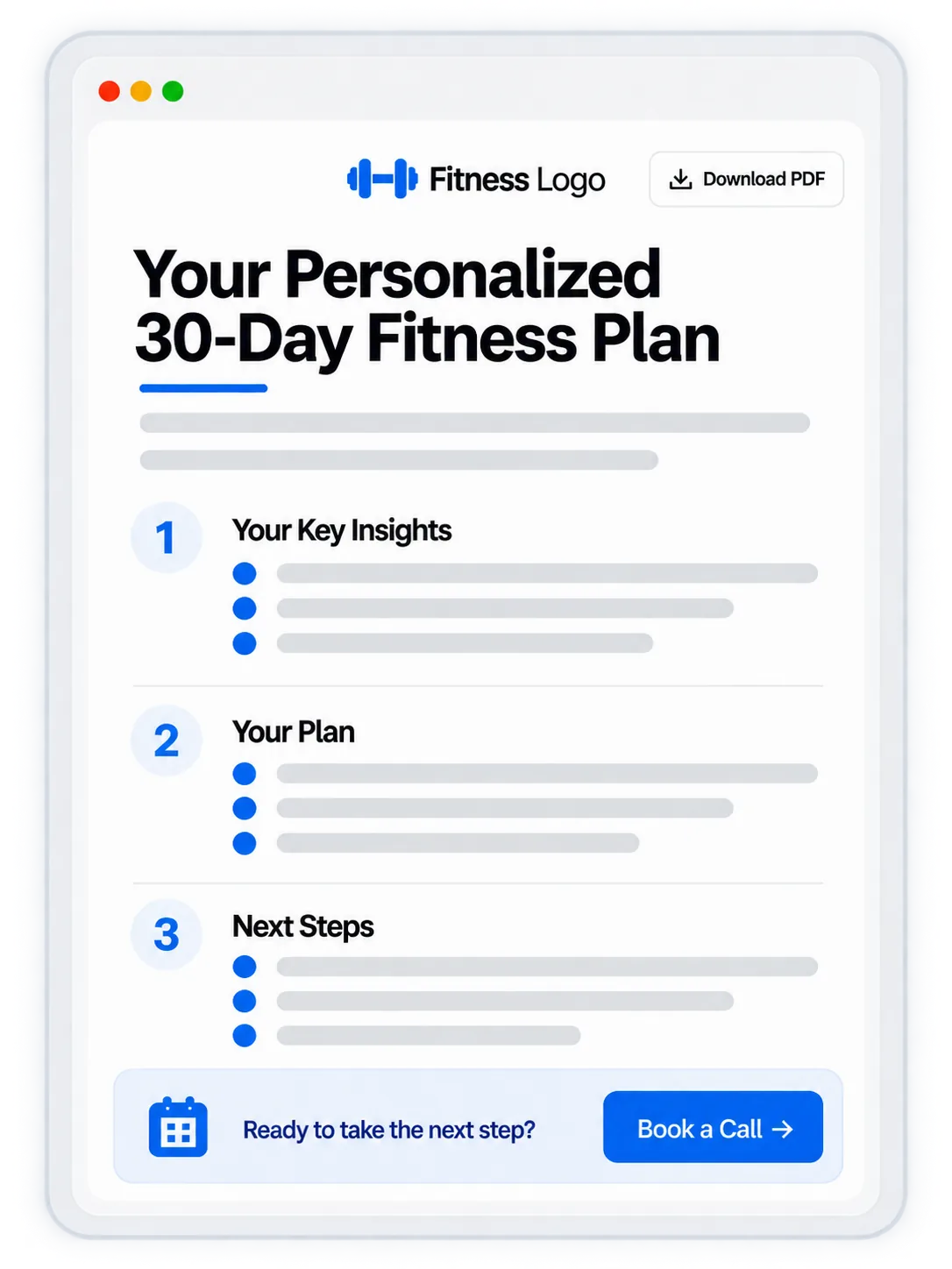 Personalized downloadable plan with a Download PDF action